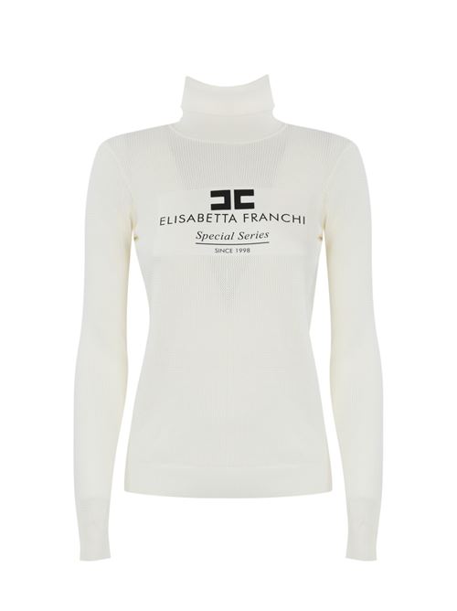 Dolcevita in maglia di viscosa punto rete avorio con intarsio logo Elisabetta Franchi | MK82Q46E2360